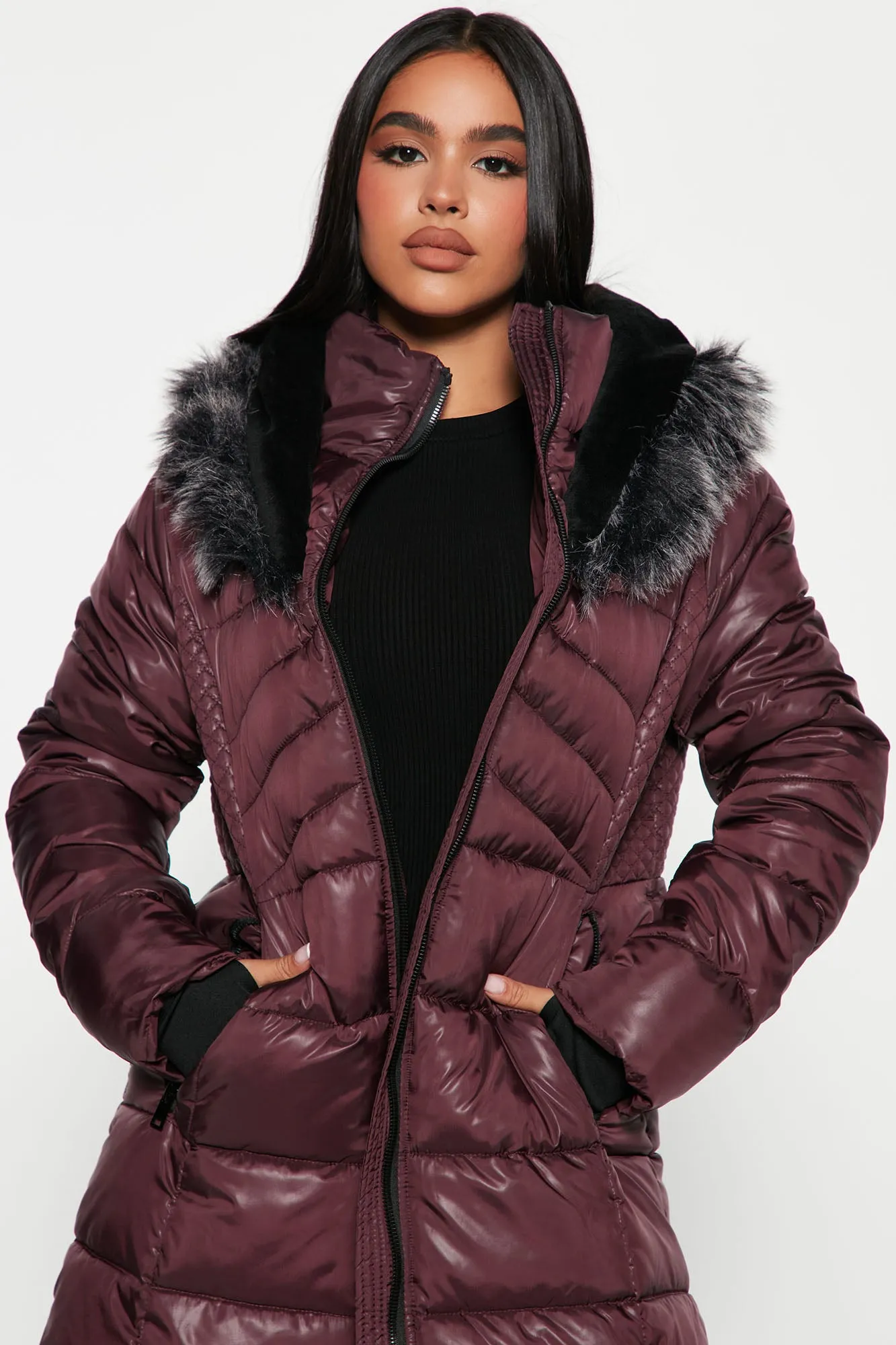 All Bundled Up Puffer Coat - Wine