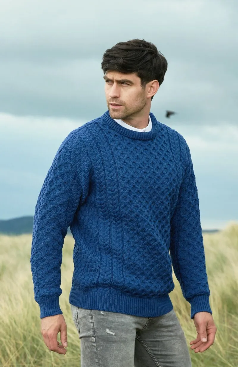 Aran Crew Neck Merino Sweater | Blue