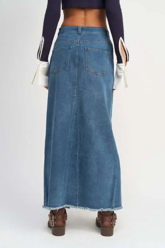 Belt  Detail Denim Skirt with Front Slit