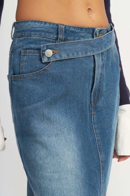 Belt  Detail Denim Skirt with Front Slit