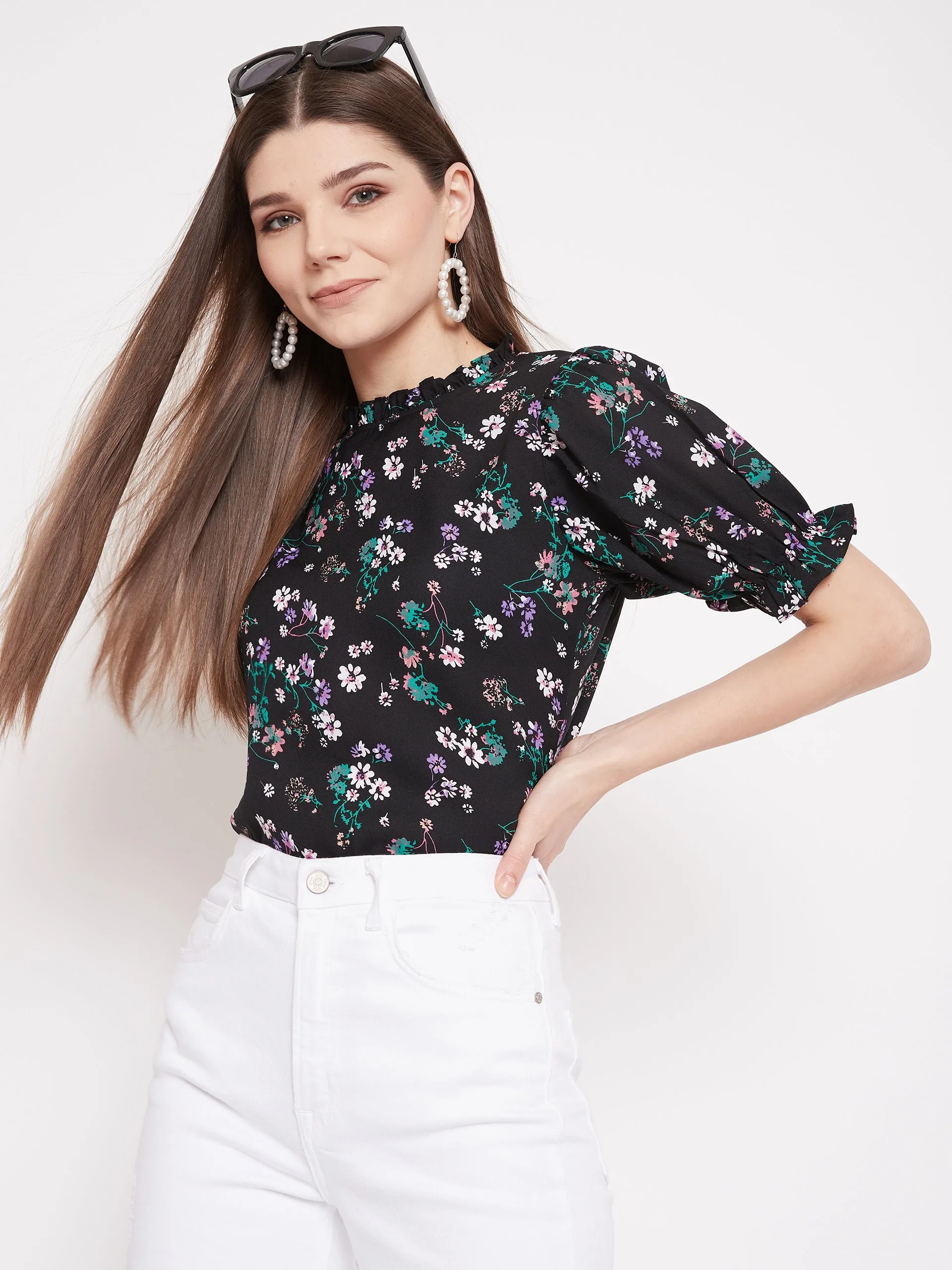 Berrylush Women Black Floral Print Regular Fit Top