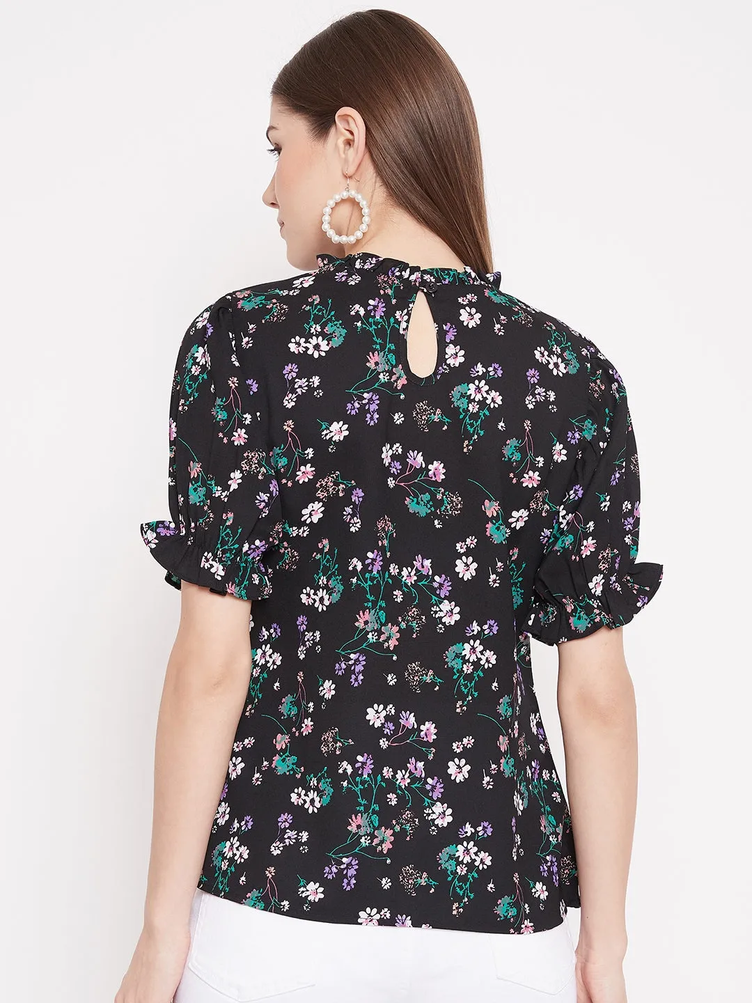 Berrylush Women Black Floral Print Regular Fit Top