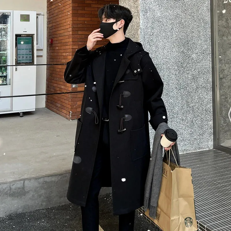 Chicmy-Korean-style Woolen Trench Men Horn Button Casual Long Windbreaker Winter Hooded Jacket Coats Fashion Trenchcoat