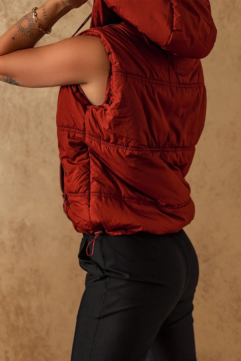 Clay Zip Up Side Pockets Hooded Puffer Vest