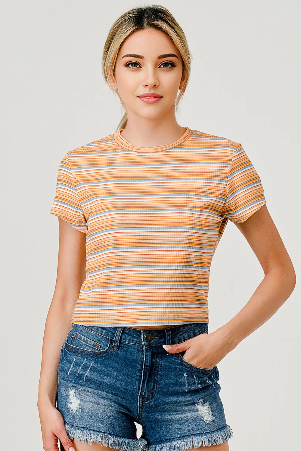 Crop Rib Knit Short Sleeve Tops with Matching Scrunchie - Orange Stripes