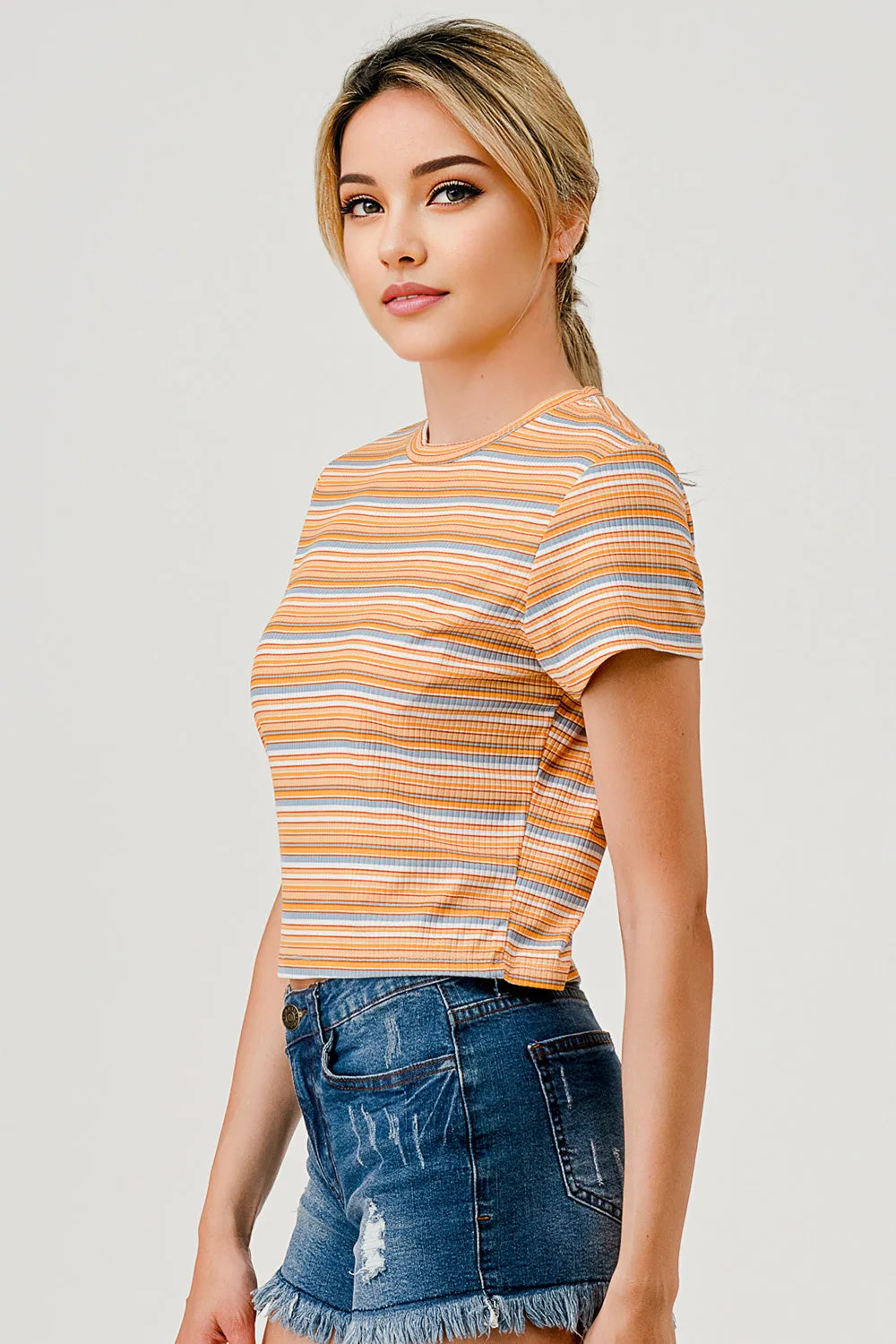 Crop Rib Knit Short Sleeve Tops with Matching Scrunchie - Orange Stripes