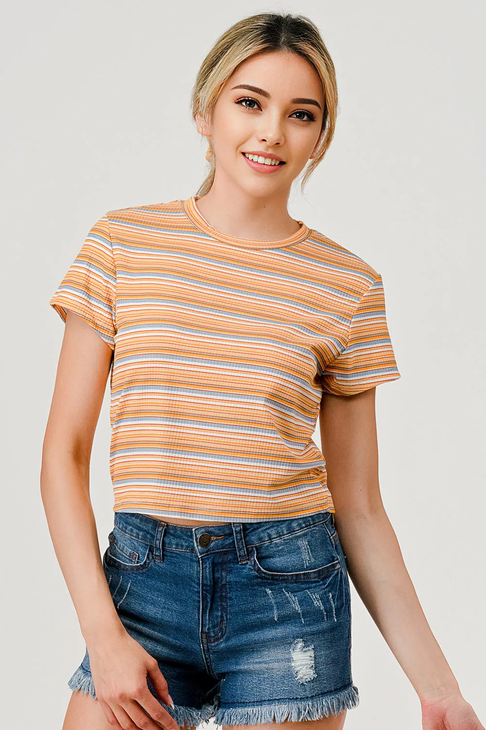 Crop Rib Knit Short Sleeve Tops with Matching Scrunchie - Orange Stripes