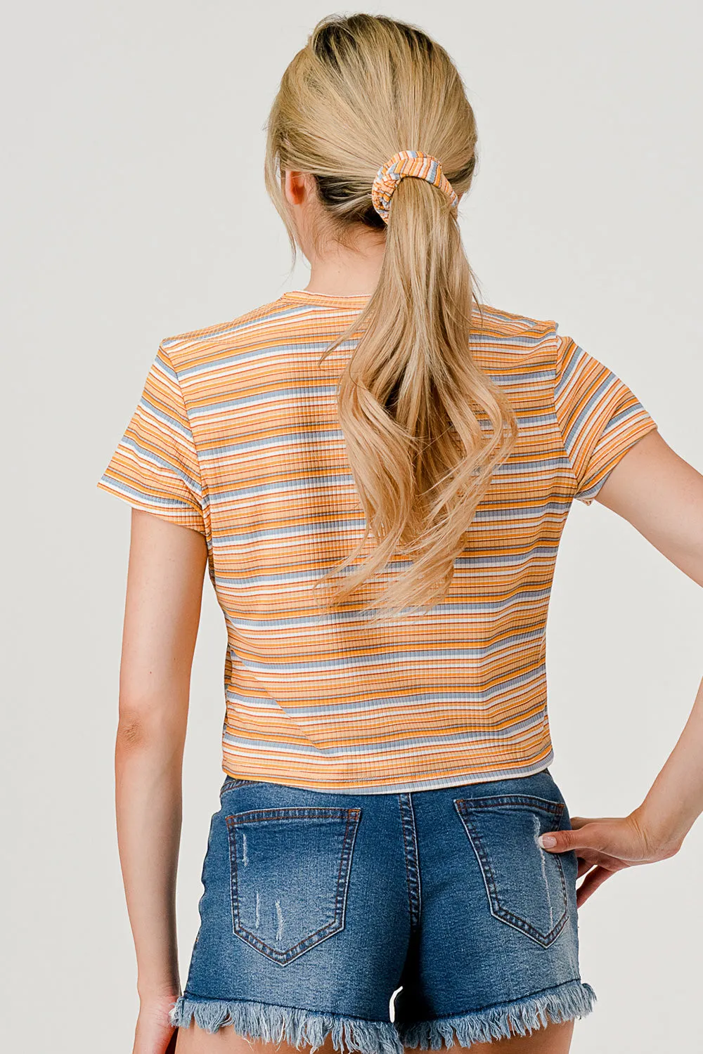 Crop Rib Knit Short Sleeve Tops with Matching Scrunchie - Orange Stripes