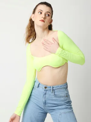 Disrupt Women Neon Green Wide Square Neck Slim Fit Padded Super Crop Top