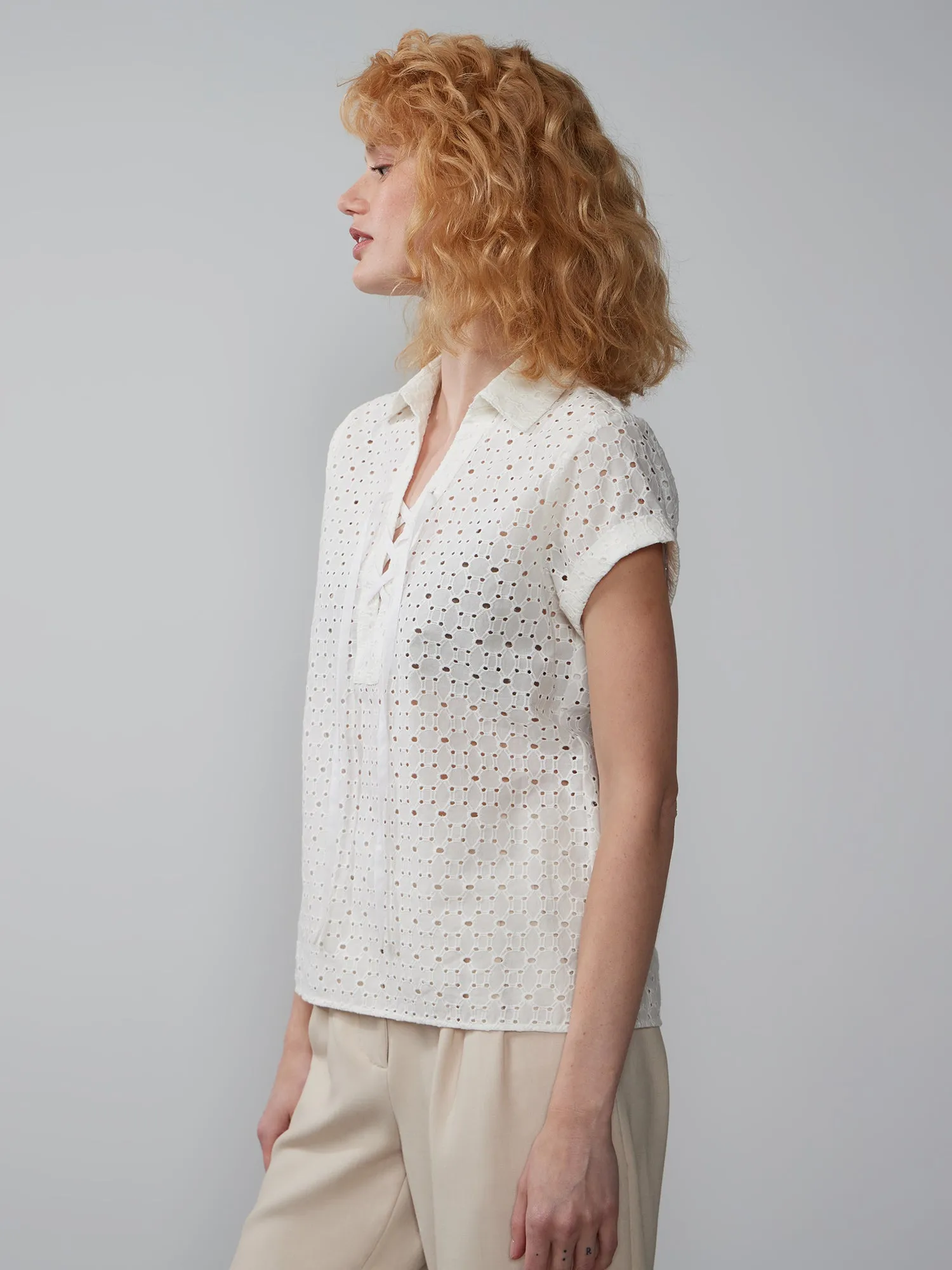 Eyelet Lace Up Neck Popover Top