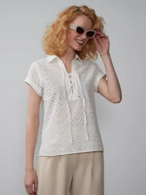 Eyelet Lace Up Neck Popover Top