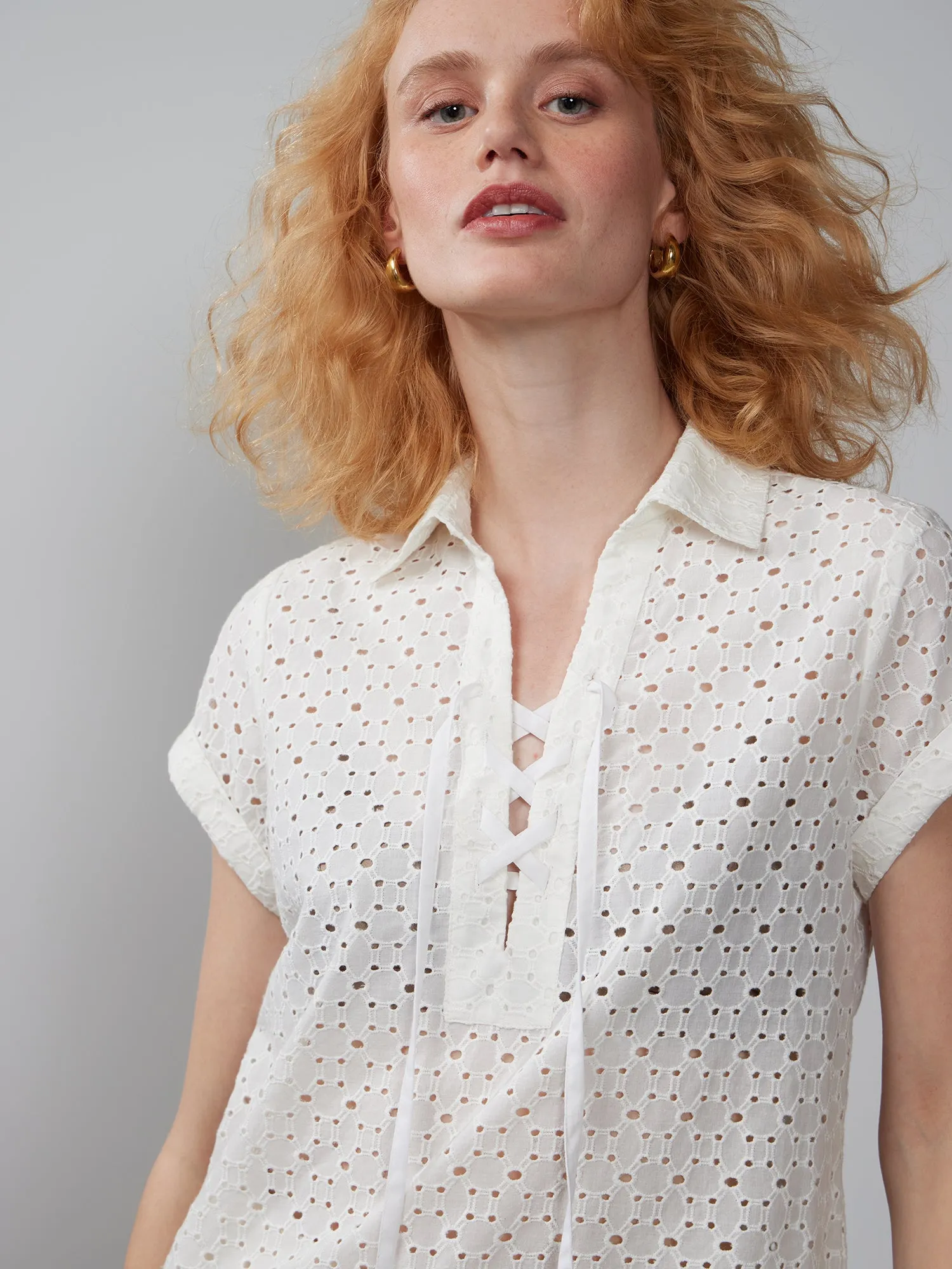 Eyelet Lace Up Neck Popover Top