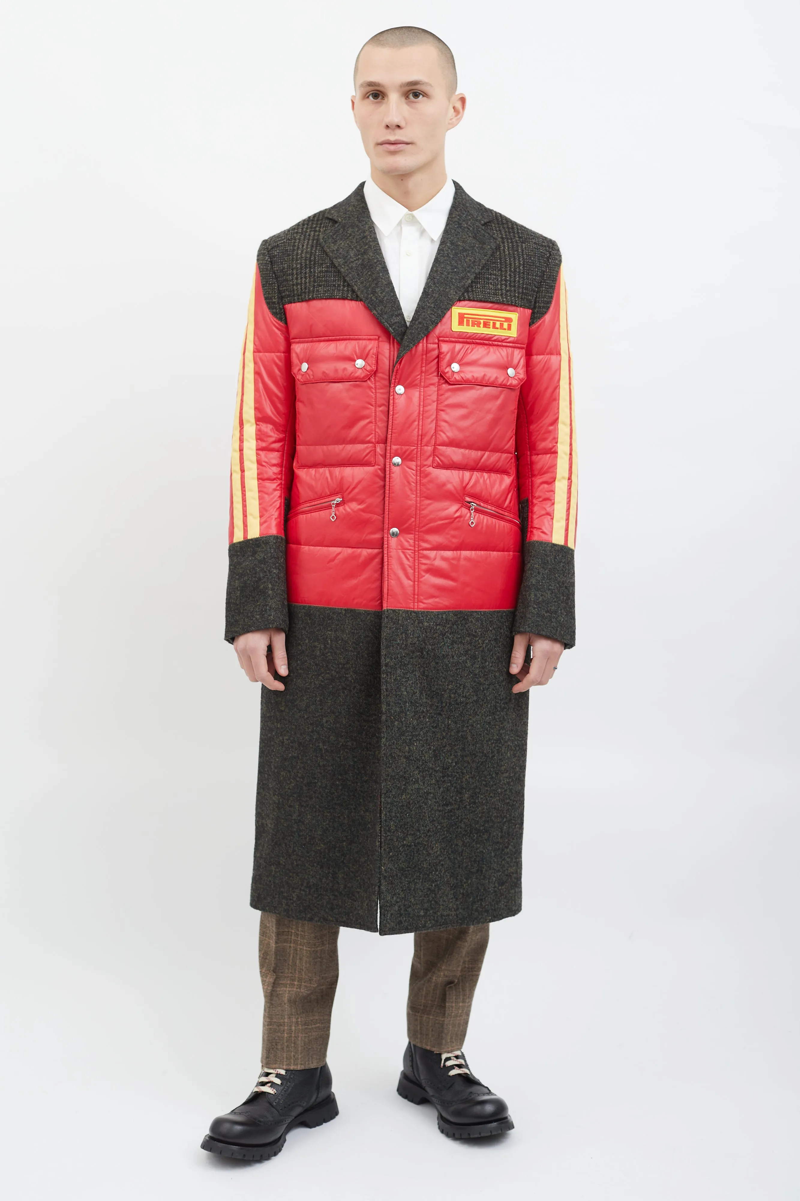 Grey Wool & Red Yellow Puffer Coat