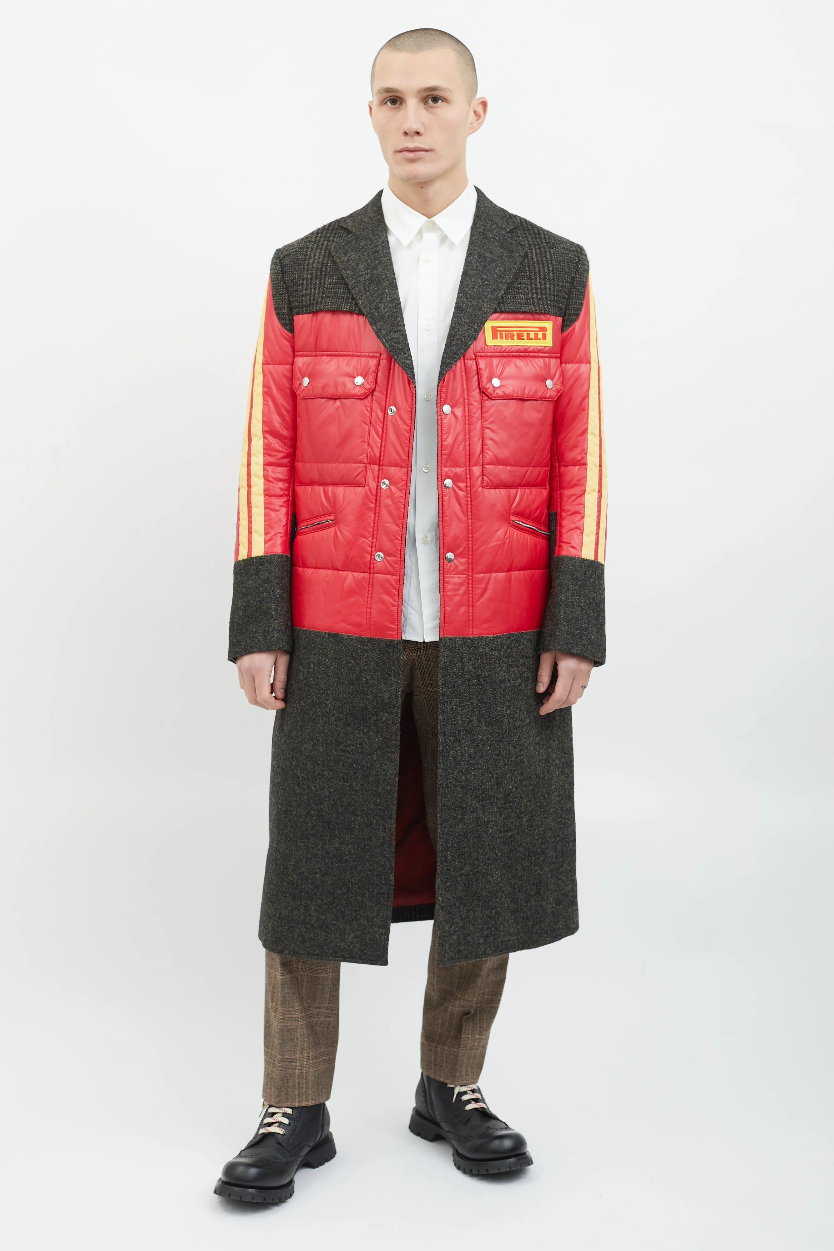 Grey Wool & Red Yellow Puffer Coat