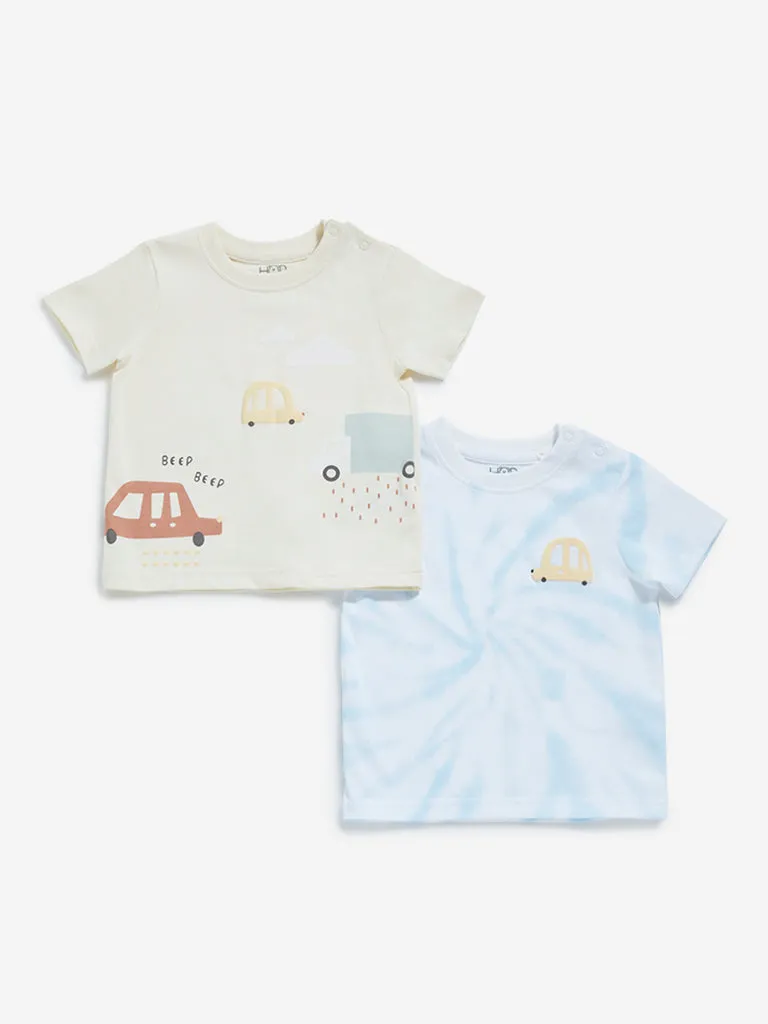 HOP Baby Beige & Blue Tie-Dye Printed T-Shirts - Pack of 2