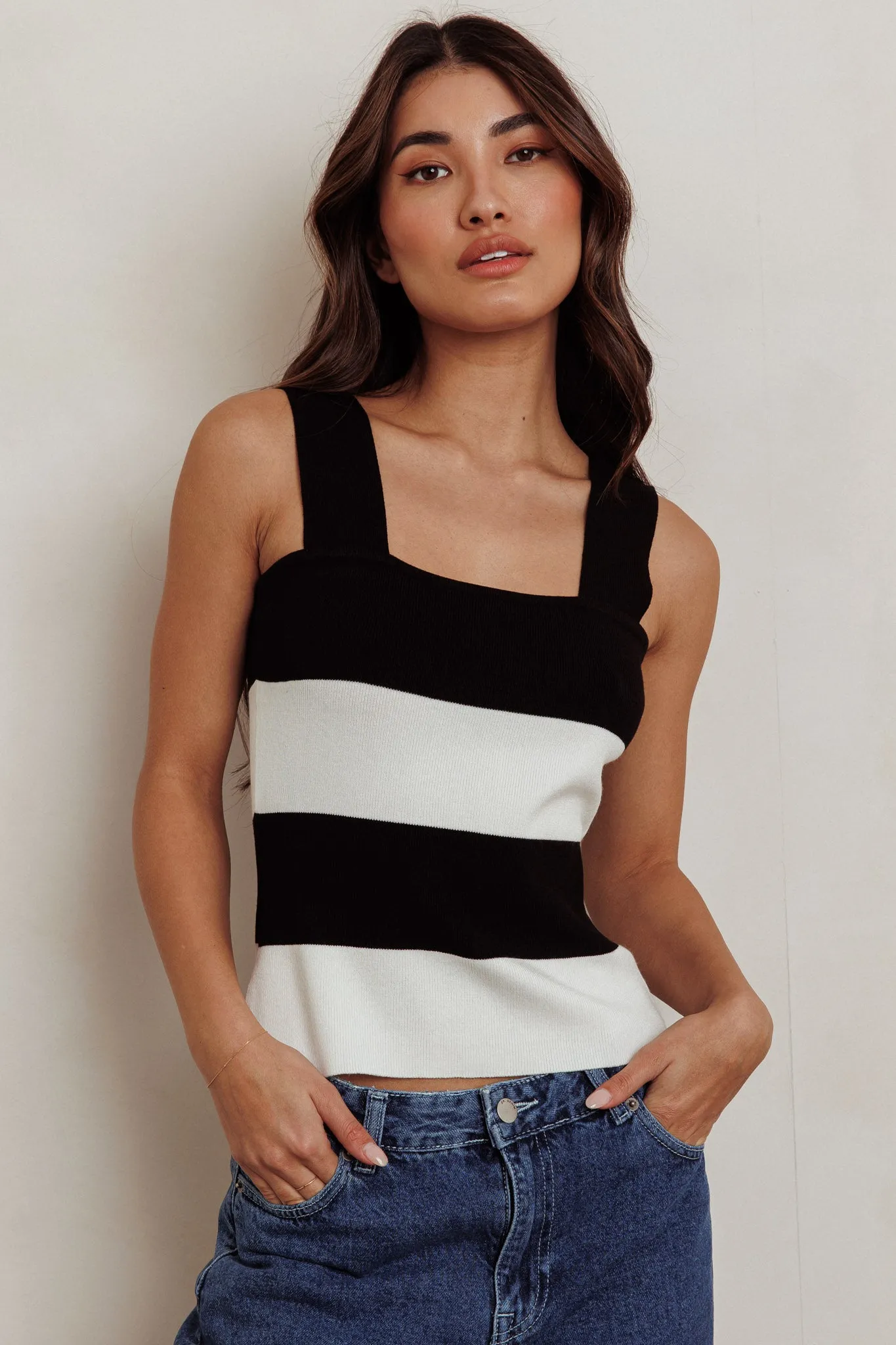 Lisa Striped Knit Tank Top Black White