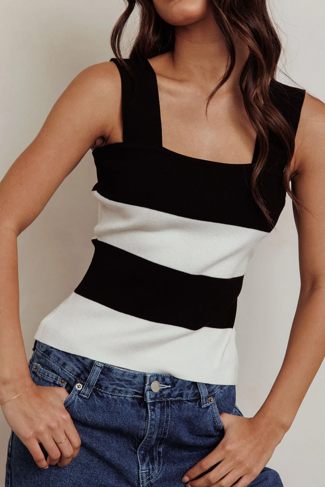 Lisa Striped Knit Tank Top Black White