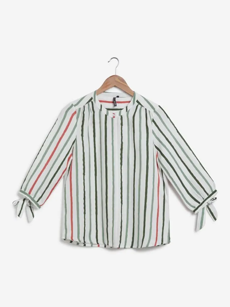 LOV Green, Red And White Striped Top