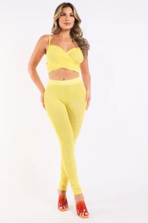 Mesh Contrast Sets Casual Sports Strappy Sleeve Top & Leggings YELLOW