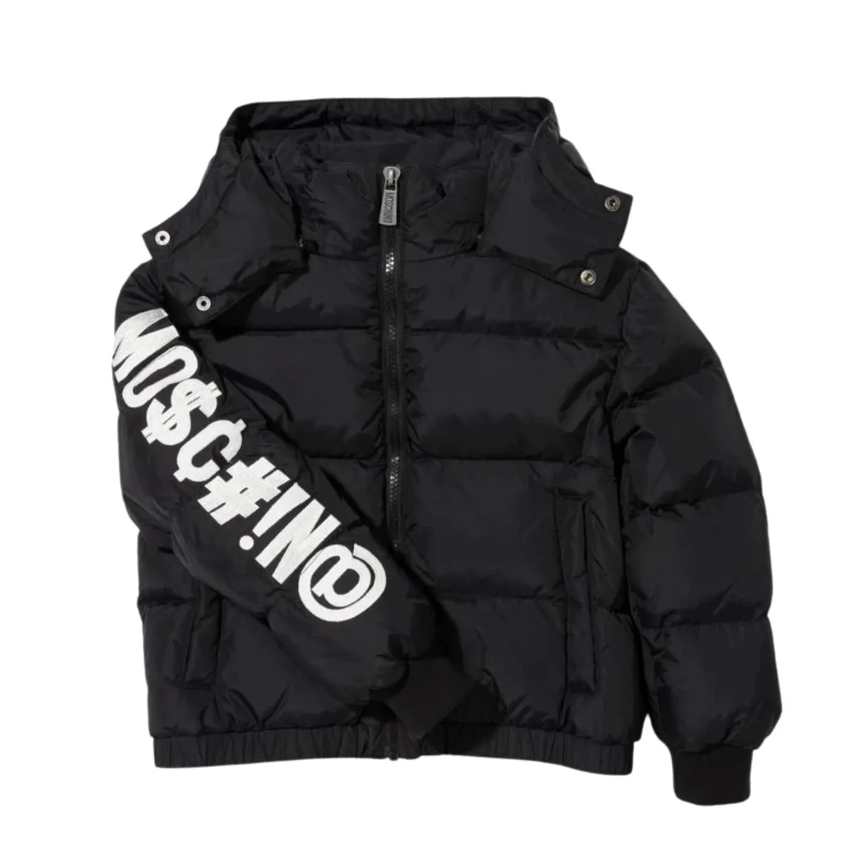 Moschino Kids Black Embroidered Slogan Logo Puffer Jacket