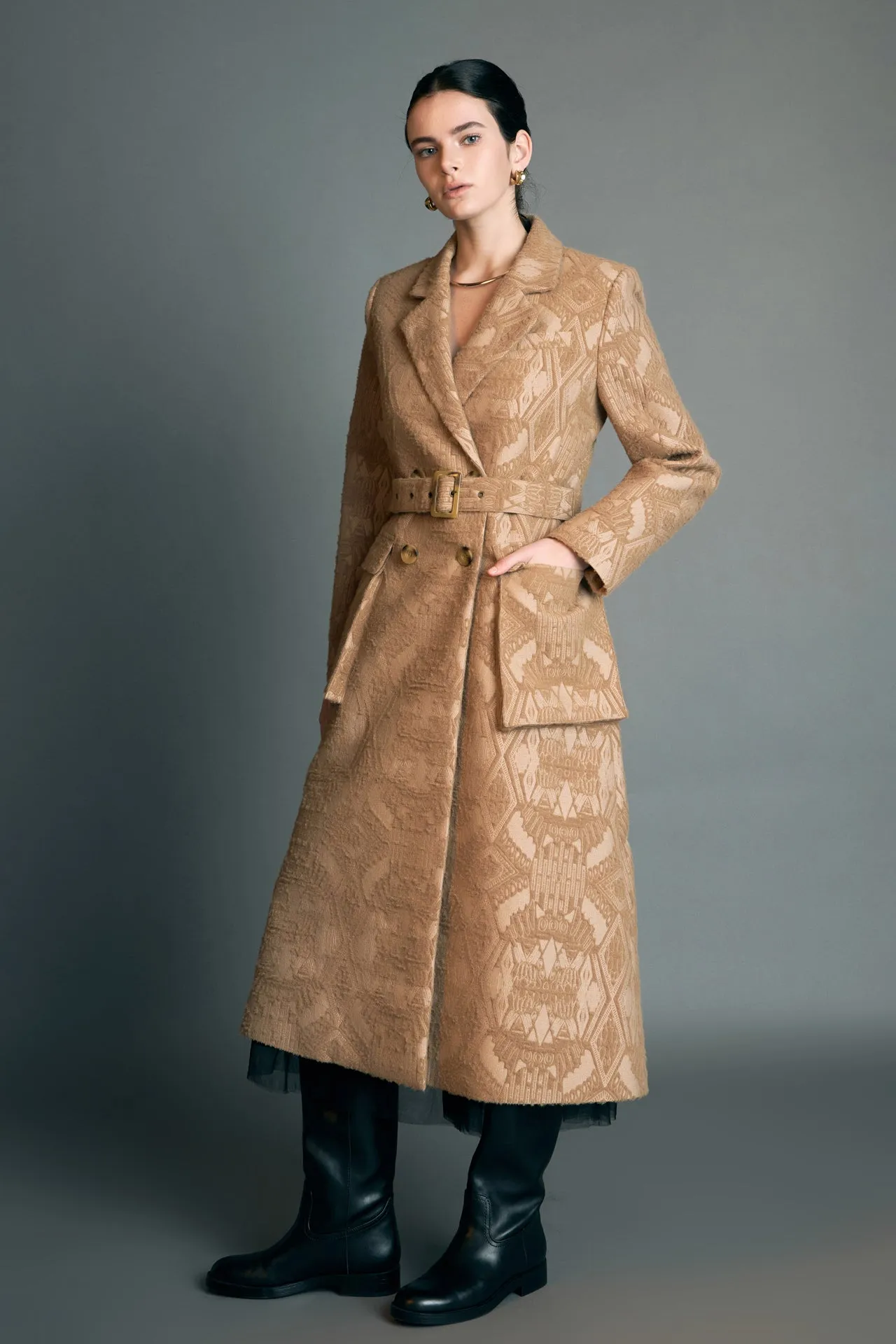 Premium Wool Brocade Swing Coat