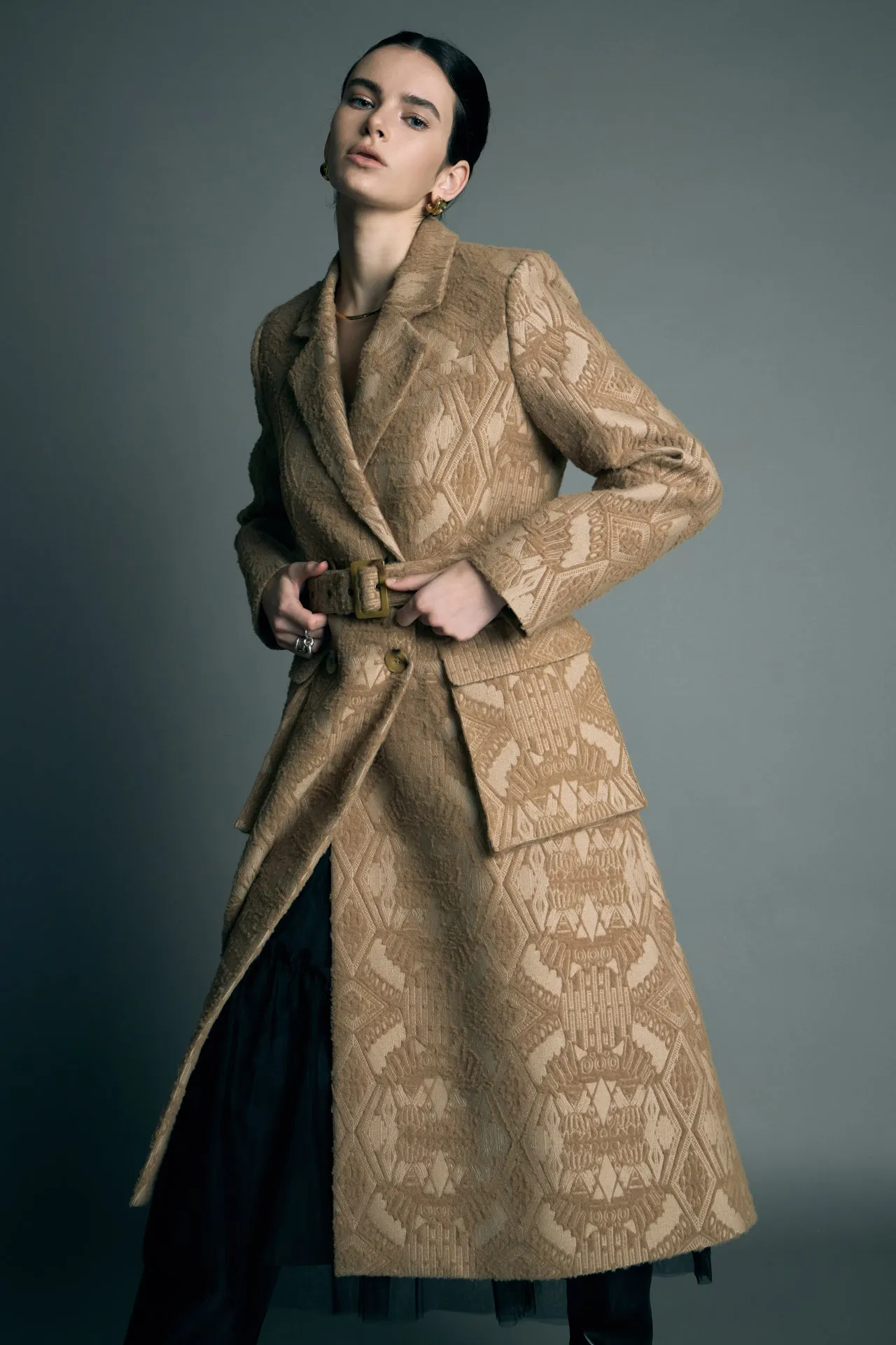 Premium Wool Brocade Swing Coat