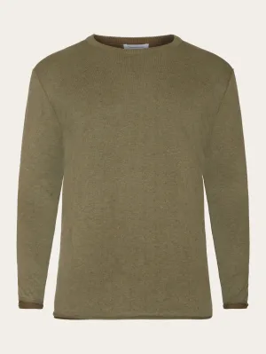 Regular double layer cotton mix rolledge crew neck knit - GOTS/Vegan - Burned Olive