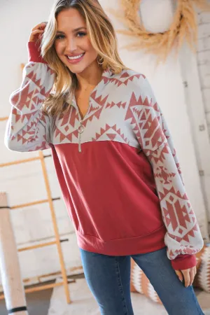 Rust & Grey Aztec Zipper Down Fleece Pullover