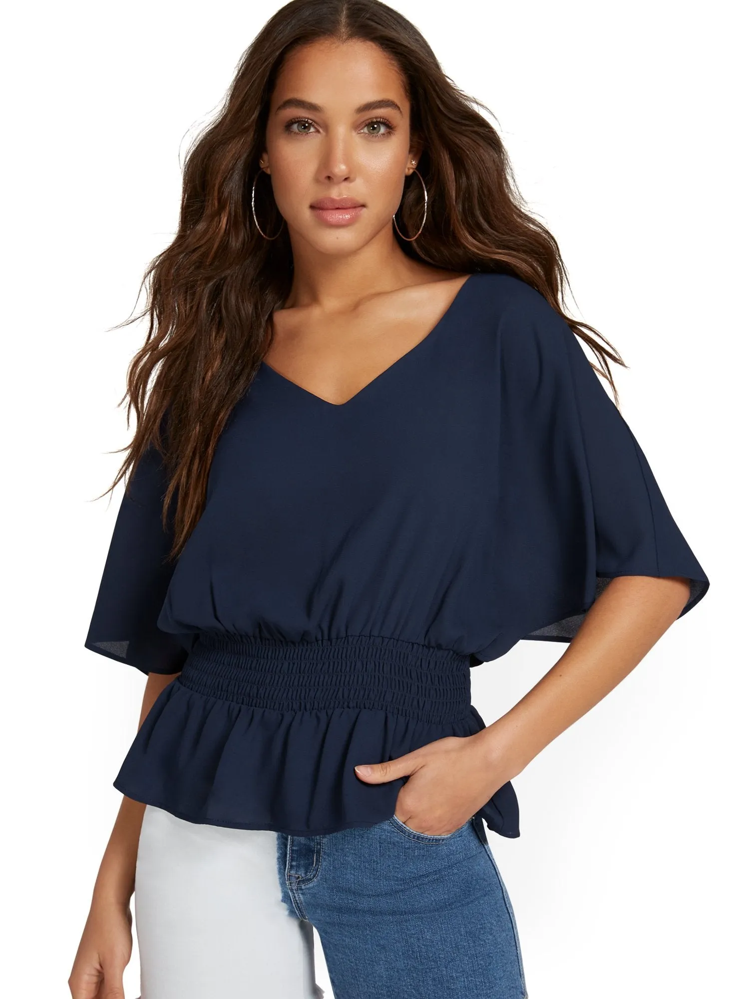 V-Neck Flutter-Sleeve Smocked Top