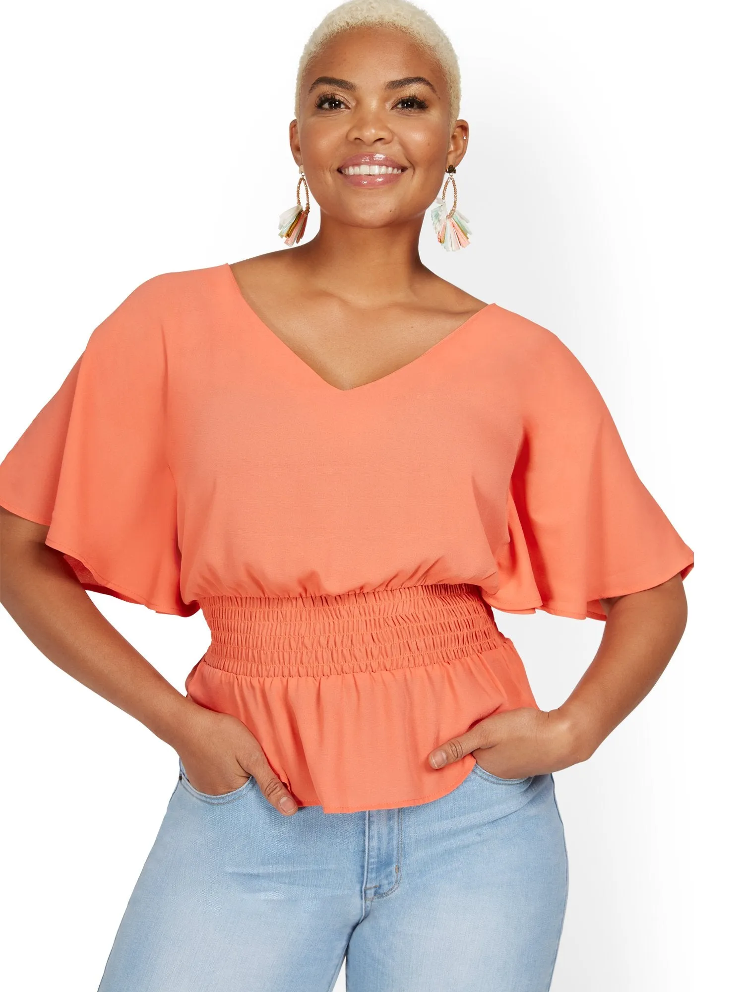 V-Neck Flutter-Sleeve Smocked Top