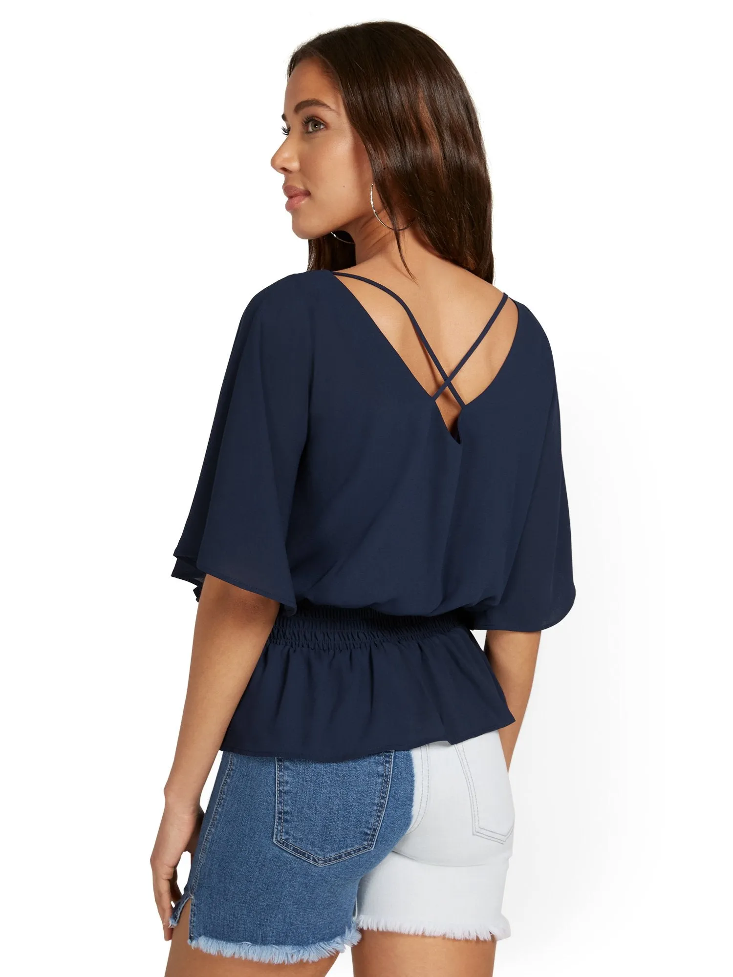 V-Neck Flutter-Sleeve Smocked Top