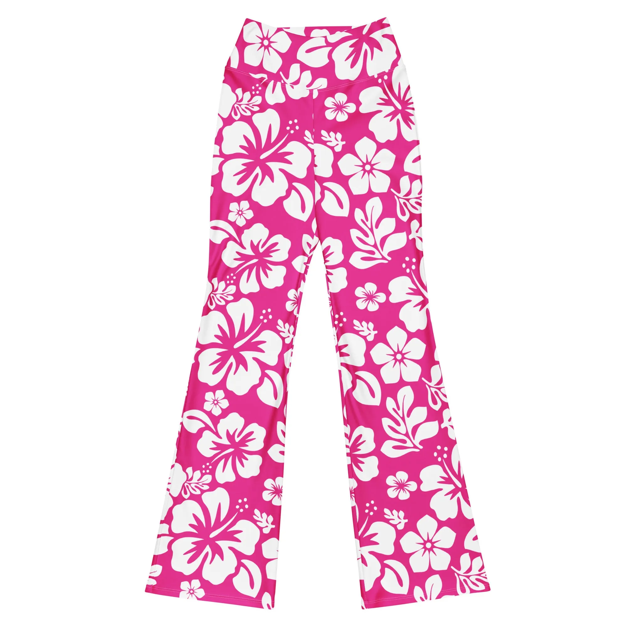 White and Hot Pink Hawaiian Flowers High Waist Flare Leggings